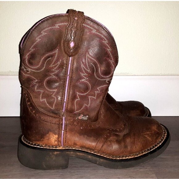 Justin Boots Shoes - Justin Gypsy Brown Leather Pink Trim Cowgirl Cowboy Boots Women's Size 6 1/2